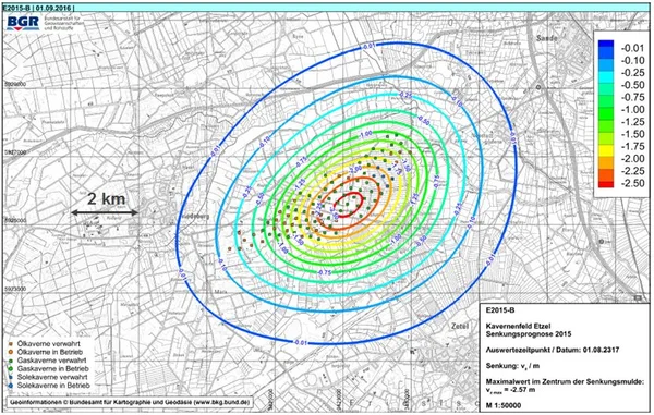 Subsidence in the Etzel cavern field in 2317 after the caverns were emplaced (grid grid corresponds to 2 km); the maximum amount of subsidence in the center of the subsidence depression is 2.57 m.