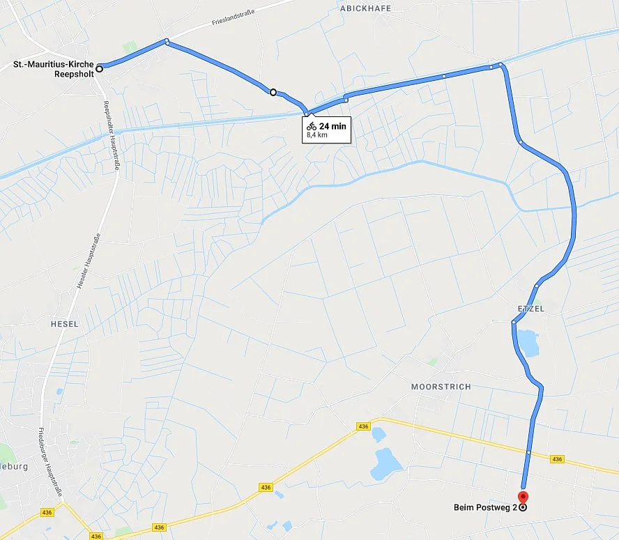 Kartenausschnitt aus Google maps zeigt die Fahrtstrecke von der Reepsholter Mitte nach Etzel (Quelle: Google maps)