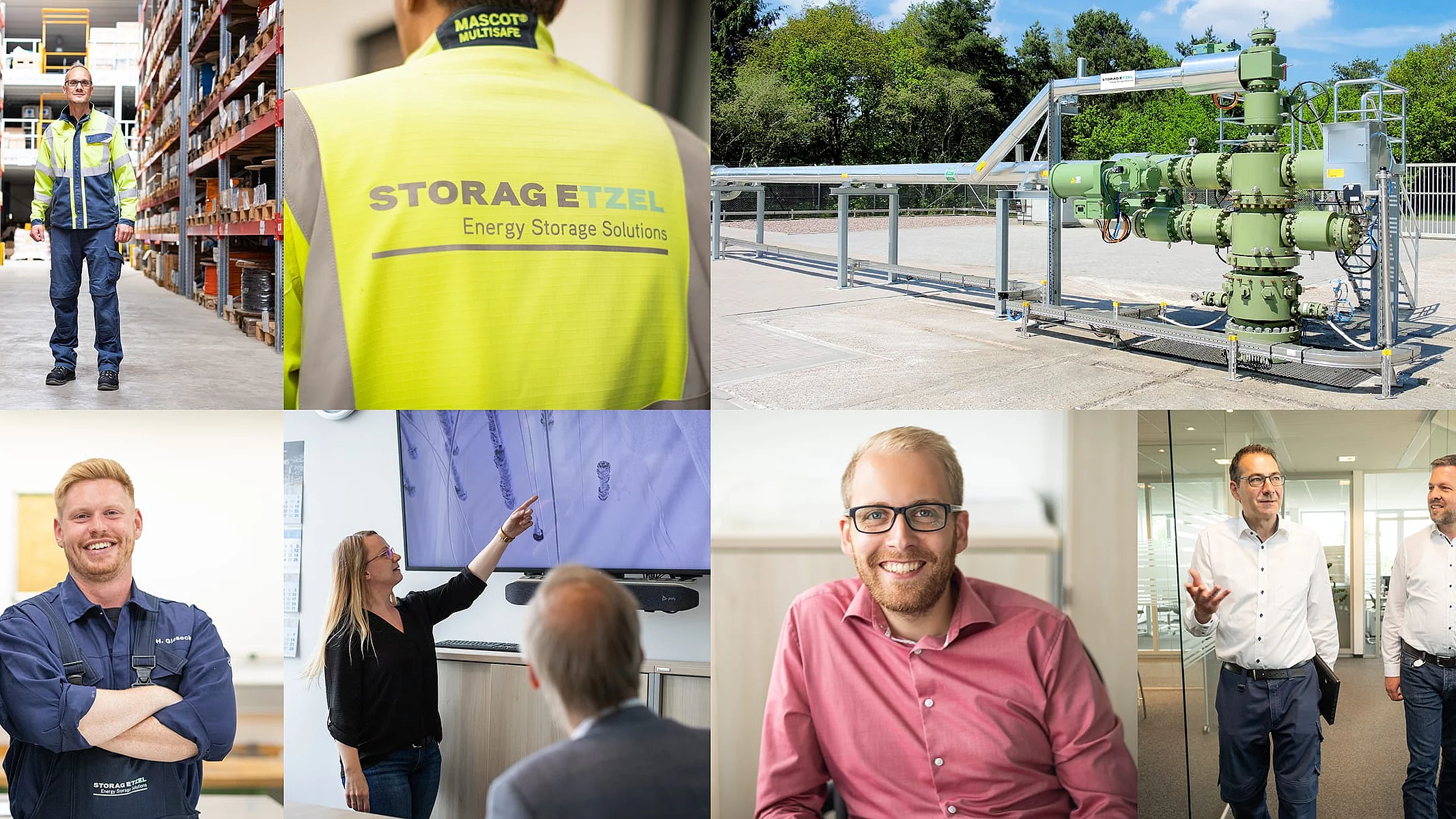 Bildcollage von STORAG ETZEL Mitarbeitern aus verschiedenen Einsatzbereichen: Technik, Verwaltung, Lager und mehr.