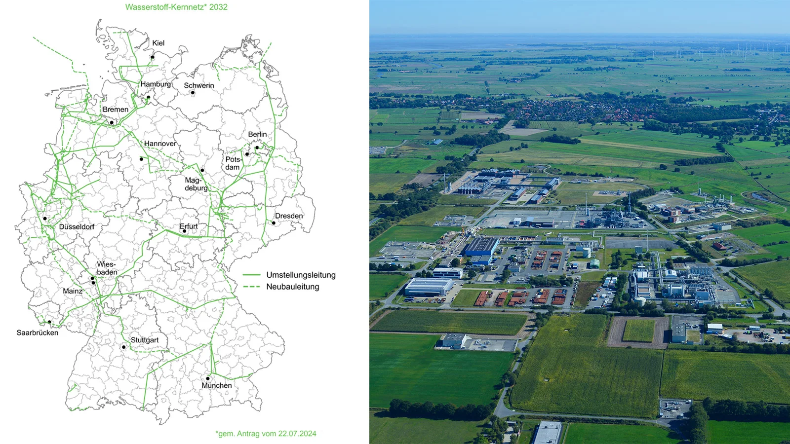 [Translate to English:] Grafik Wasserstoff-Kernnetz Deutschlandkarte neben Luftbild Kavernenanlage Etzel