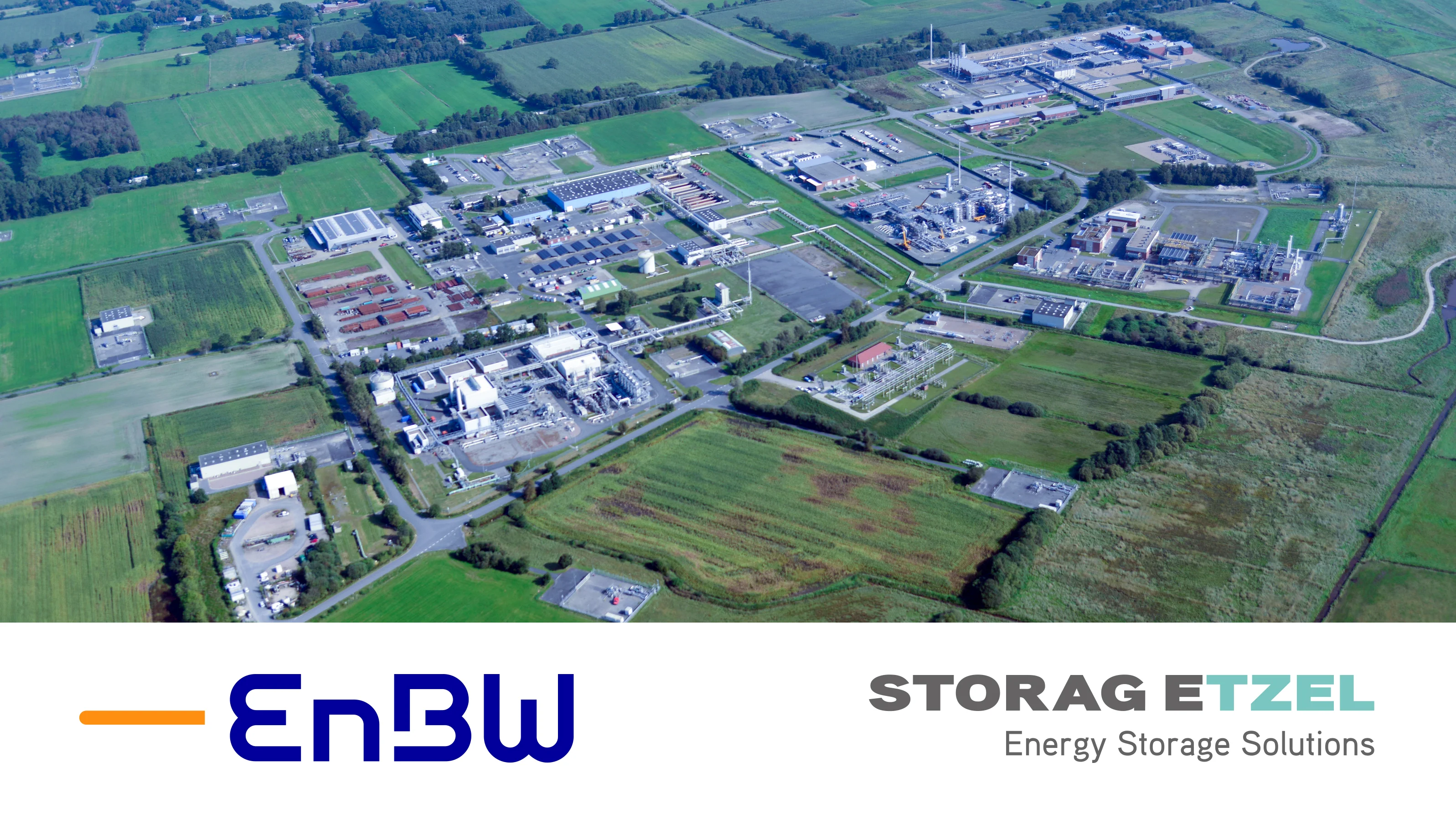 Aerial view of the cavern facility Etzel with the logos of EnBW and STORAG ETZEL