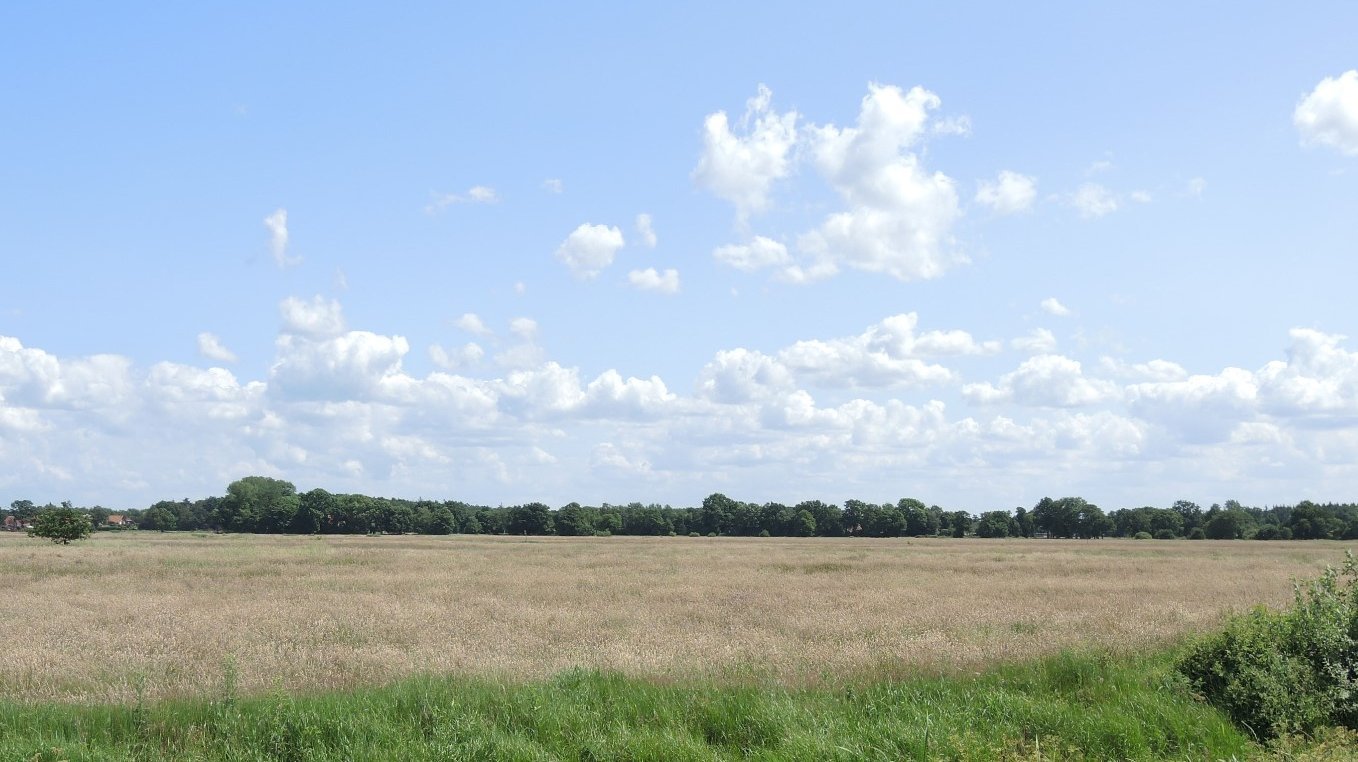 Aufgelockerte Wolkenfeld ziehen in Sichtrichtung Moormaaten und der Ortschaft Horsten I