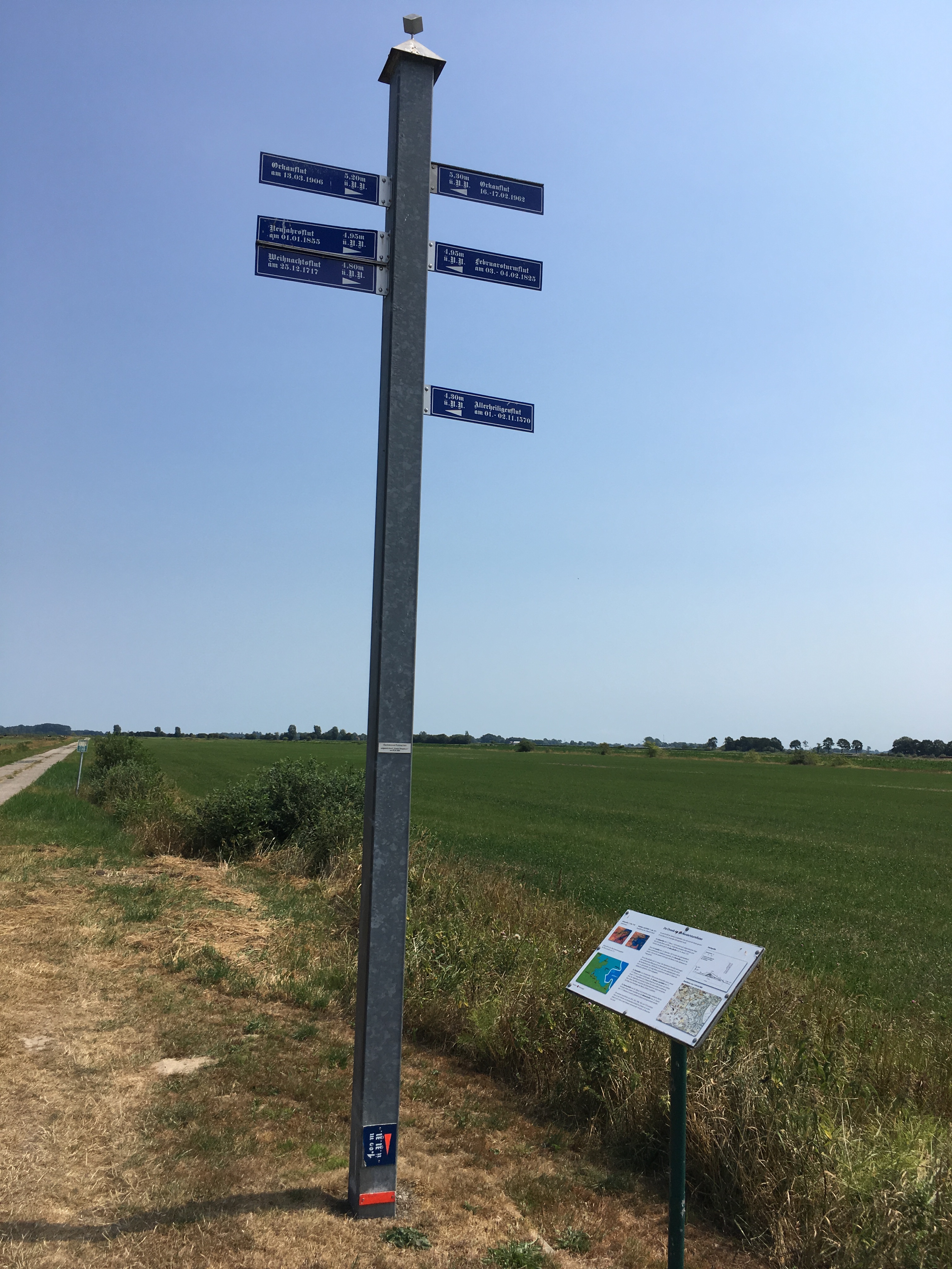 Historischer Flutstandsanzeiger in der Etzeler Marsch; das Schild im Vordergrund wurde von STORAG ETZEL gestiftet